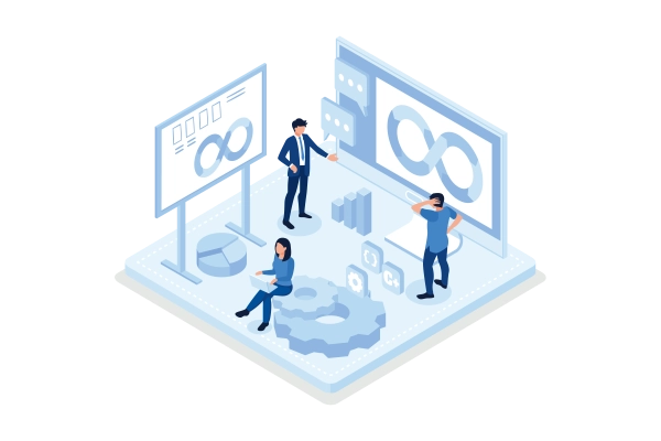 An isometric image of people working with data and devops boards, representing the planning of devops for a data platform.