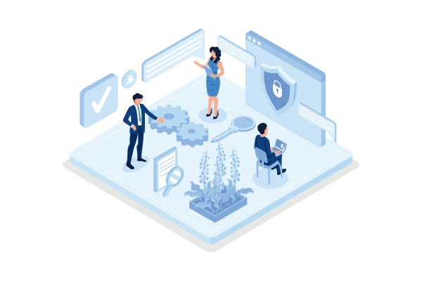 An isometric image of people working with data and computers, representing the securing of data on a data platform.