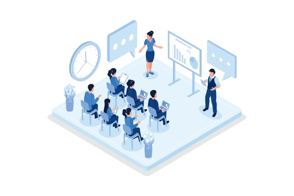 An isometric image of people in a classroom environment developing their data skills.